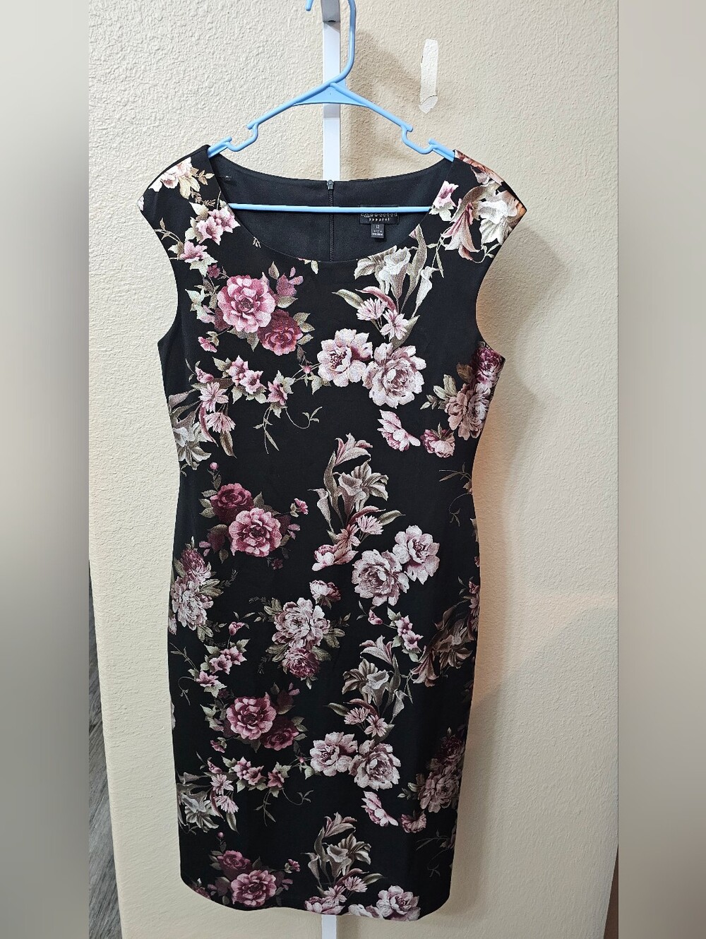 connected apparel Black Midi Sheath Dress with Pink Floral Print 12
